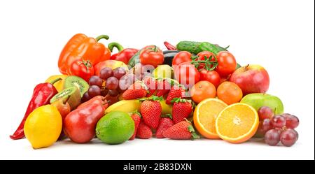 Heap different fruits, vegetables and berries isolated on white background Stock Photo