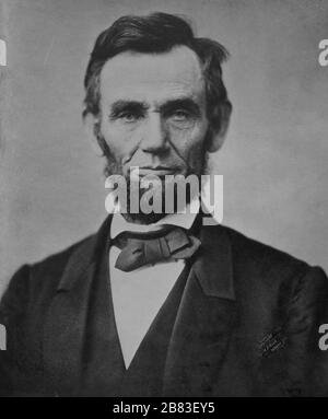 Head and shoulders portrait of American president Abraham Lincoln, 1863. Courtesy Library of Congress. () Stock Photo