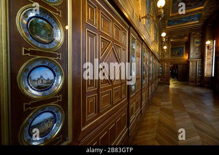 The Plates Gallery in Palace of Fontainebleau.Chateau de Fontainebleau.Seine-et-Marne.France Stock Photo