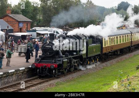 British Railways Standard Class 2 built at Darlington in 1953, 2-6-0 steam engine number 78018, Great Central Railway, Quorn, Leicestershire, England, Stock Photo