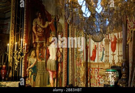 The tapestry of the Triumph of Mars in the bedroom of Anne of Austria, the wife of King Louis XIII in Pope's apartment.Palace of Fontainebleau.Seine-et-Marne.France Stock Photo