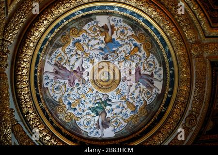 The ceiling decoration in the bedroom of Anne of Austria, the wife of King Louis XIII in Pope's apartment.Palace of Fontainebleau.Seine-et-Marne.France Stock Photo