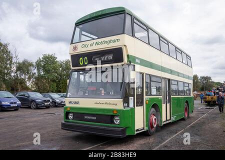 Northern Counties bodied Leyland Atlantean double decker bus on display at the Great Central Railway, Quorn, Leicestershire, England, Stock Photo