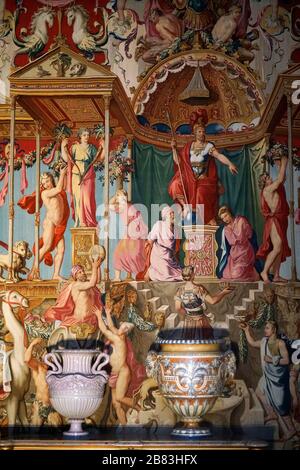 The wall decoration of the bedroom of Anne of Austria, the wife of King Louis XIII in Pope's apartment.Palace of Fontainebleau.Seine-et-Marne.France Stock Photo