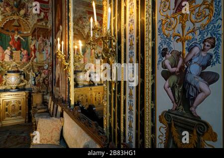 The wall decoration of the bedroom of Anne of Austria, the wife of King Louis XIII in Pope's apartment.Palace of Fontainebleau.Seine-et-Marne.France Stock Photo
