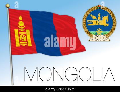 Mongolia official national flag and coat of arms, asiatic country, vector illustration Stock Vector