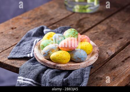 Easter background with tulips and eggs Stock Photo