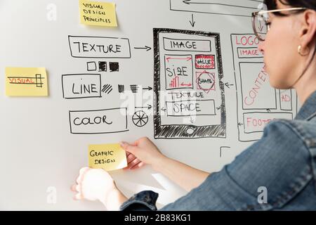Women website designer creative planning application development drawing template layout framework wireframe design studio . User experience concept Stock Photo