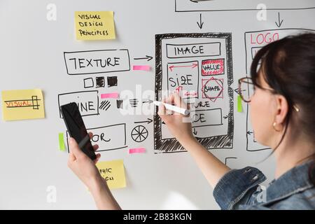 Women website designer creative planning application development drawing template layout framework wireframe design studio . User experience concept Stock Photo