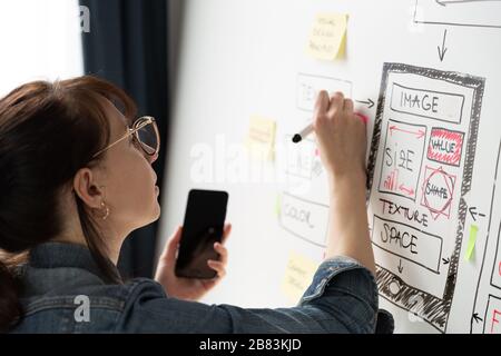 Women website designer creative planning application development drawing template layout framework wireframe design studio . User experience concept Stock Photo