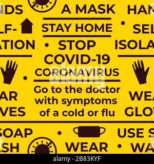 STOP Coronavirus Tips. Seamless vector pattern with text and symbol. Wear a mask, wear gloves, wash hands, use soap, stay home, selfie isolation Stock Vector