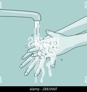 A women washing her hands under a running tap. Vector illustration Stock Vector