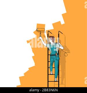 A man on a ladder painting a wall a different colour. People concept vector illustrastion. Stock Vector