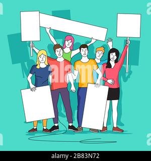 A group of protestors holing up blank signs and banners. People vector illustration. Stock Vector