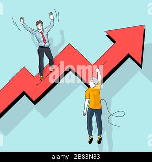 Stock market winners and losers. One man riding high on stocks while another is just about hangin on. People vector illustration. Stock Vector