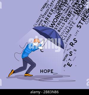 A mans troubles raining down on him while he tries to protect himself using an umbrella. People vector concept illustration. Stock Vector