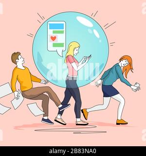 A young womens social bubble pushing and knocking other people out of the way. People concept vector illustration. Stock Vector