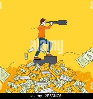 The Pursuit is never ending. A man searching for wealth using a telescope even though he is already rich beyond count. People concept vector illustrat Stock Vector