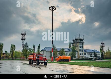 Small traffic control tower in provincial airport Stock Photo