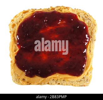 Isolated slice of bread with peanut butter and jelly spread Stock Photo