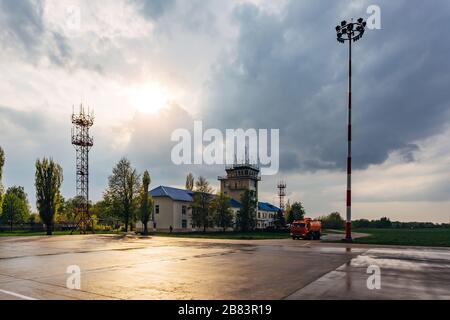 Small traffic control tower in provincial airport Stock Photo