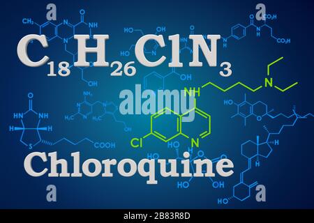 Chloroquine. Chemical formula, molecular structure. 3D rendering Stock Photo