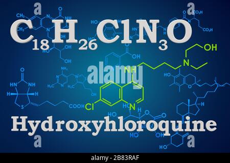 Hydroxychloroquine. Chemical formula of HCQ, molecular structure. 3D rendering Stock Photo