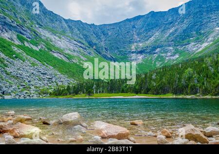 Beautiful glacial bowl with pristine Chimney Pond Mount Katahdin trail Maine USA Stock Photo