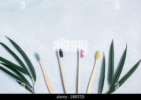 Bamboo toothbrushes and green leafs on stone table Stock Photo