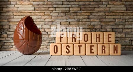 chocolate easter egg with cubes and the message HAPPY EASTER in German in front of a brick wall - 3D rendered illustration Stock Photo