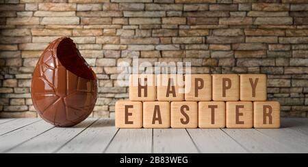 chocolate easter egg with cubes and the message HAPPY EASTER in front of a brick wall - 3D rendered illustration Stock Photo
