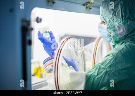 Virus antidote being prepared in a biochem lab with extremely strict precautionary measures (shallow DOF; color toned image) Stock Photo