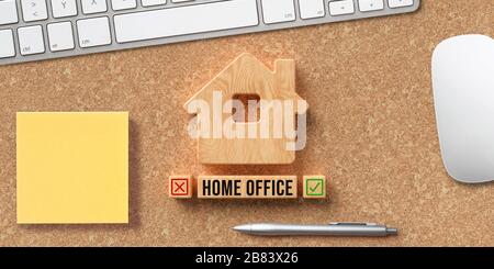 house symbol and wooden blocks with text HOME OFFICE on cork background Stock Photo