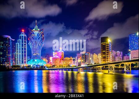 Macau cityscape at night, all hotel and tower are colorful