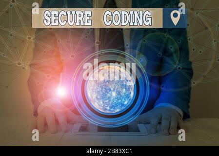 Handwriting text Secure Coding. Conceptual photo Applied to avoid the introduction of security vulnerabilities Elements of this image furnished by NAS Stock Photo
