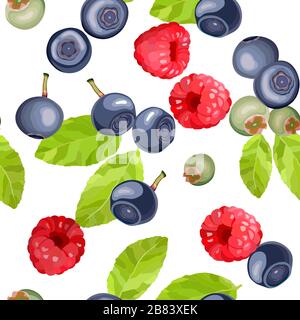 Blueberry and raspberry seamless pattern, leaves and berries Stock Vector