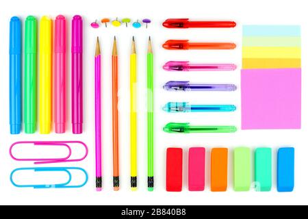 Colorful school supplies on a white background. Above view. Stock Photo