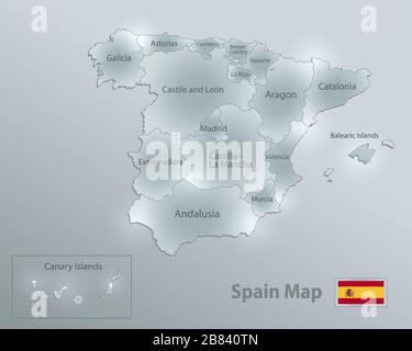 Spain map and flag, administrative division, separates regions and names, design glass card 3D vector Stock Vector