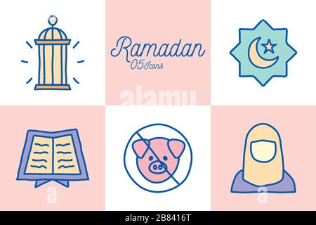 Ramadan line and fill style icon set vector design Stock Vector