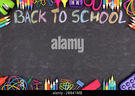 School Supplies Double Border Over A Pastel Pink Background Stock