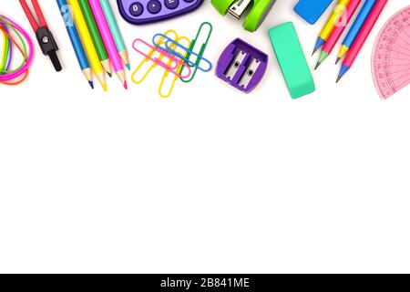 School supplies top border isolated on a white background Stock Photo