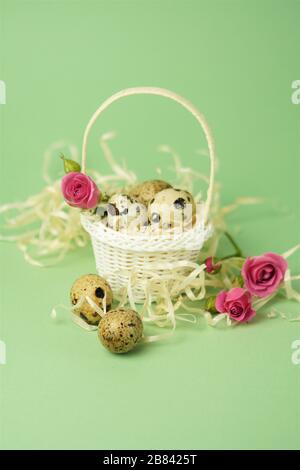 White wicker basket filled with straw,small pink roses,quail eggs on a green background. The concept of Easter Holidays. Easter card.Copy space. Stock Photo