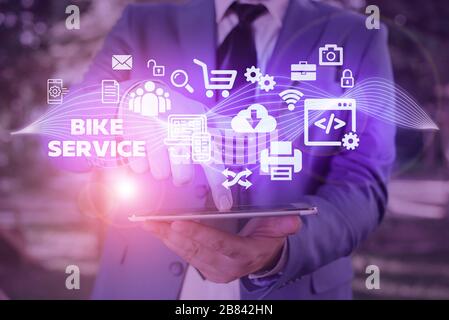 Conceptual hand writing showing Bike Service. Concept meaning cleaning and repairing bike mechanism to keep best condition Stock Photo