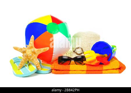 Group of colorful summer beach items isolated on white Stock Photo