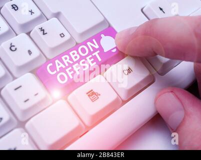 Writing note showing Carbon Offset. Business concept for Reduction in emissions of carbon dioxide or other gases Stock Photo