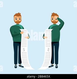 Cartoon man being unhappy and frustrated with money bill on blue background Stock Vector
