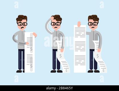 Simple cartoon man in glasses looking scared and depressed while holding long paper bills Stock Vector
