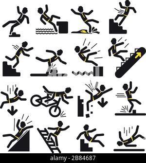 Vector set of black linear man falling and hitting in various situations in concept of warning signs on white background Stock Vector