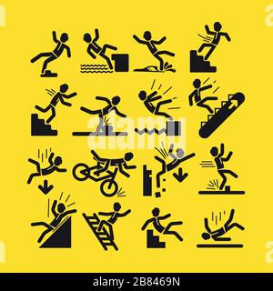 Collection of simple black linear person in situations of falling and injuring as warning signs on yellow background Stock Vector
