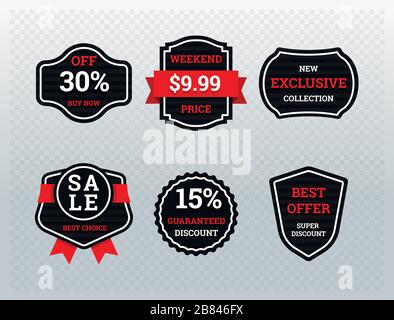 Set of graphics sale stickers in red and black colors showing prices and discounts on transparent background Stock Vector